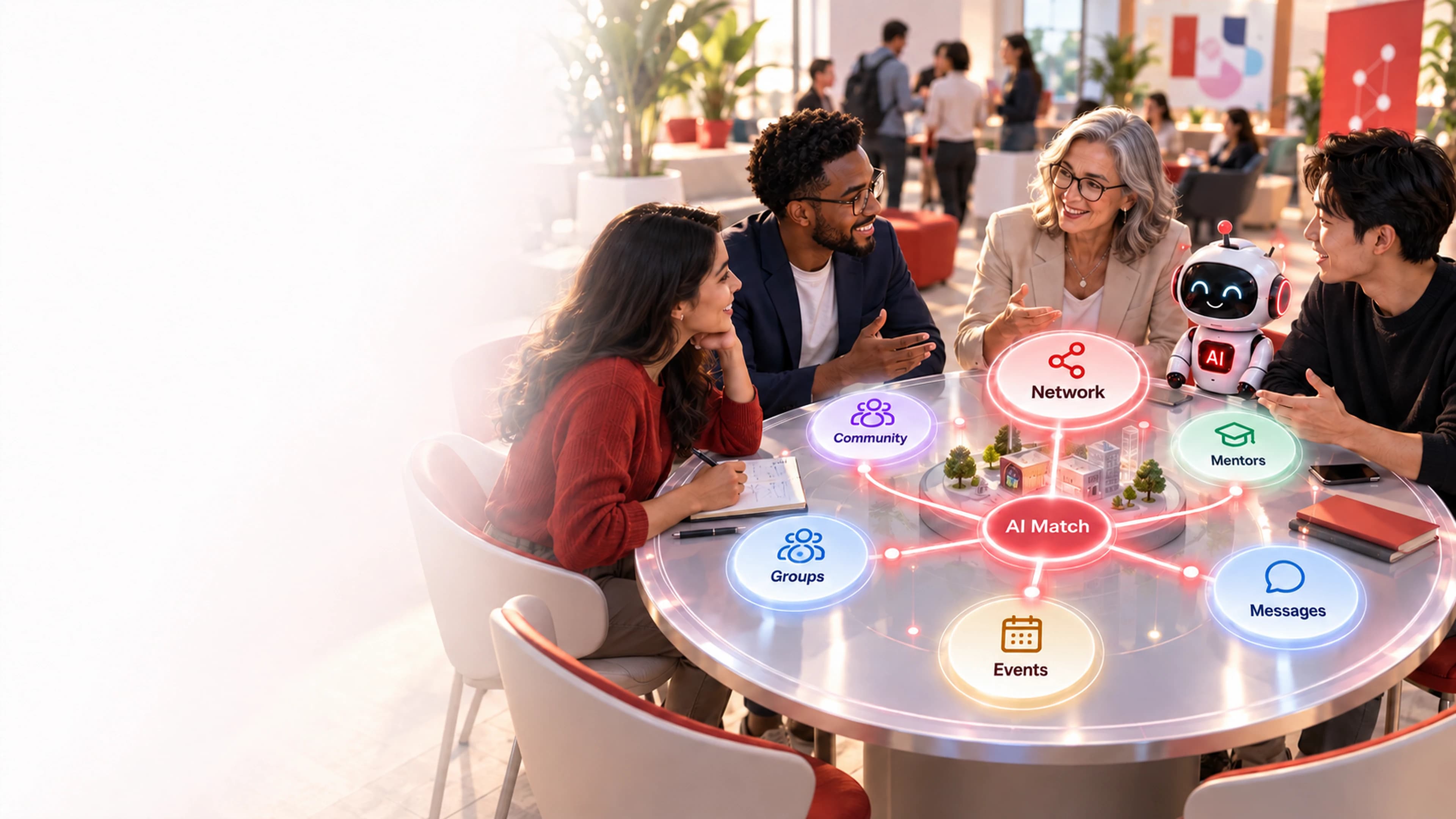 A diverse group collaborating with AIMate through AI Match, Network, Community, Mentors, Groups, Events and Messages