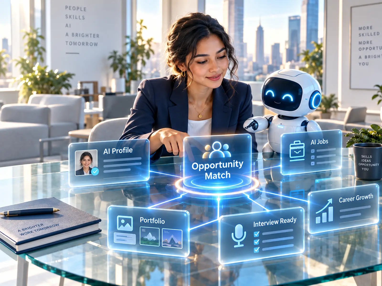 Professional using AIMates Work with AI Profile, Opportunity Match, AI Jobs, Portfolio, Interview Ready and Career Growth