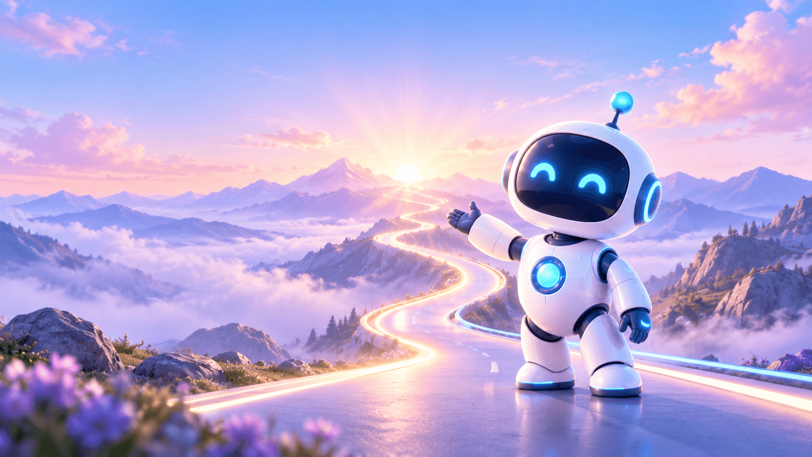 A friendly AIMate companion beside a road leading toward new possibilities